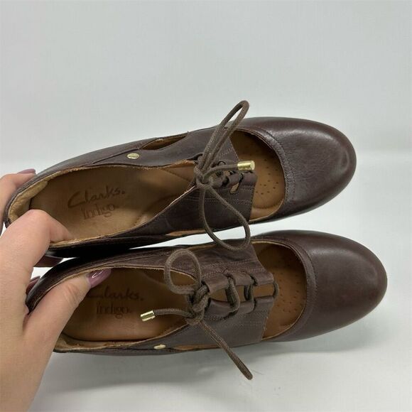 Clarks Indigo Women's Brown Leather Lace-Up Block Heel Shoes Size 7 Round Toe - Picture 10 of 12